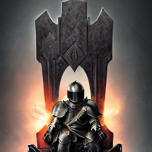 a fallen knight with a closed helmet and cloak sits menacingly on a throne with a sword in his hand against a black imperial flag, artstation trands, cinematic light, colorful