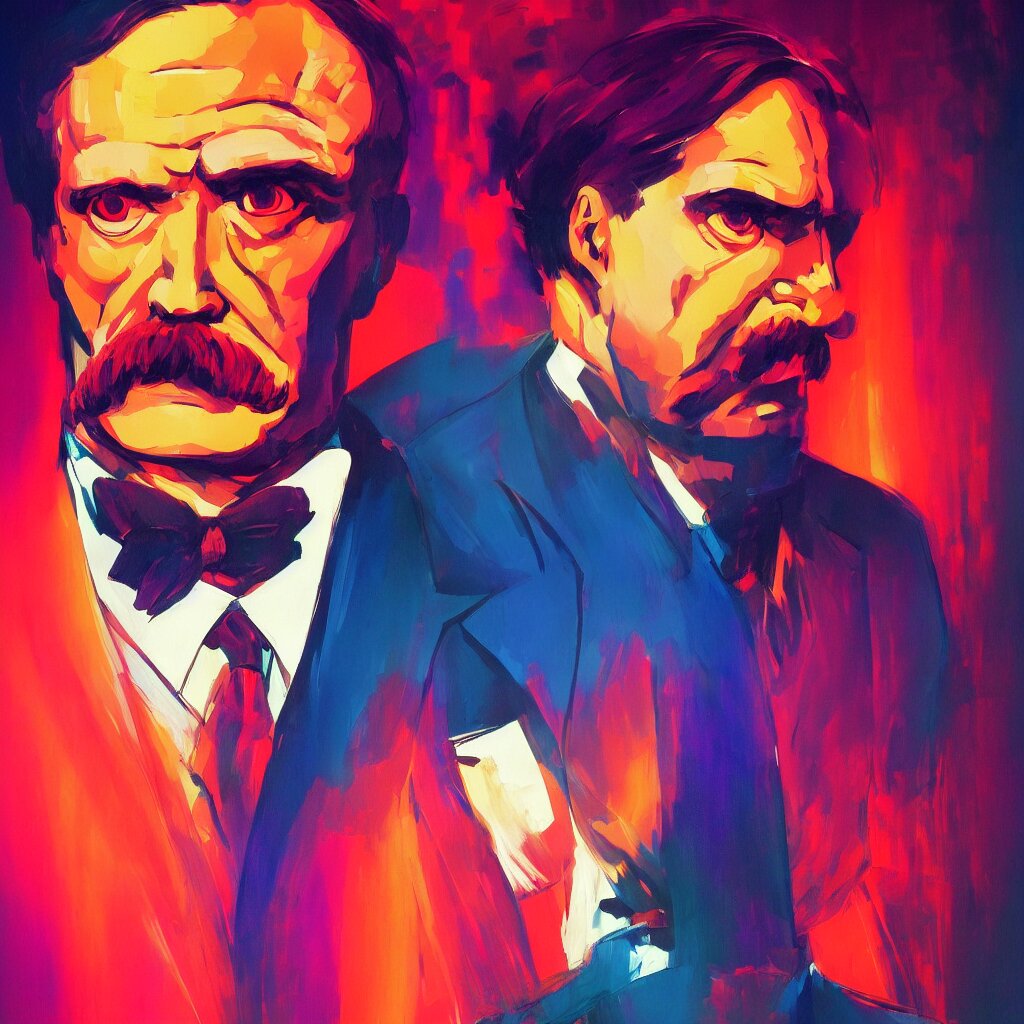 Portrait of Friedrich Nietzsche in his Suit, chiseled Jawline and serious Look, vibrant colors, in the Style of Artgerm and ilya kuvshinov and Mike Mignola, rim light, hard shadows, colorful, plain background, trending on artstation