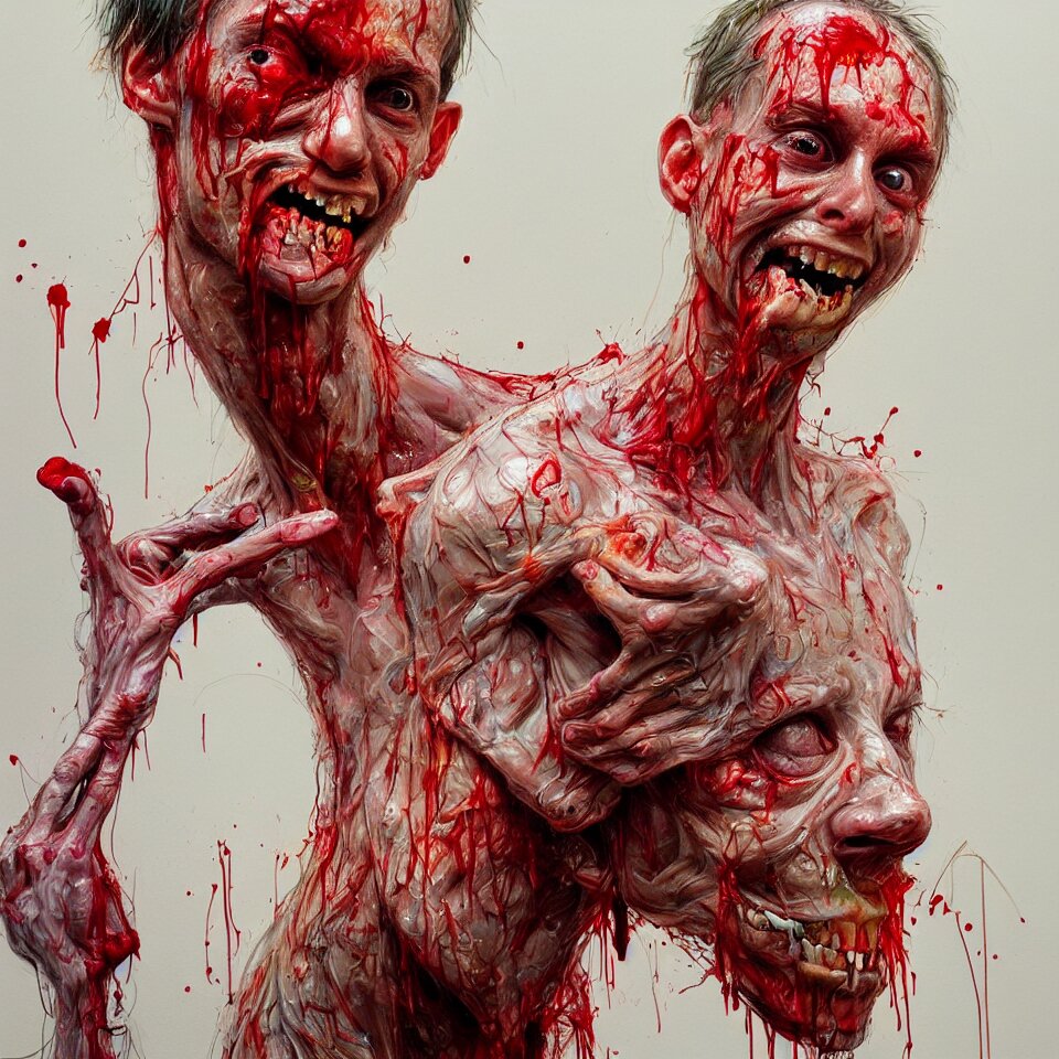 bright realistic anorexic man puking blood and smiling franticly, apartment, rotten flesh, diffuse lighting, fantasy, intricate, elegant, highly detailed, lifelike, photorealistic, digital painting, artstation, illustration, concept art, smooth, sharp focus, art by francis bacon and jenny saville