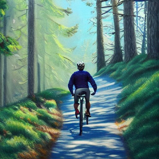 man biking up a steep forest hill with a deep blue sweater. sweaty. Oil painting. Emotional. Trending on artstation. Steep. Trees. 