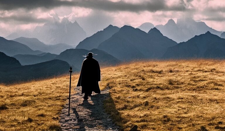 gandalf walking down a path, mountains in the distance, landscape, epic, in the style of akira kurosawa, cinematic, dramatic lighting, film grain 