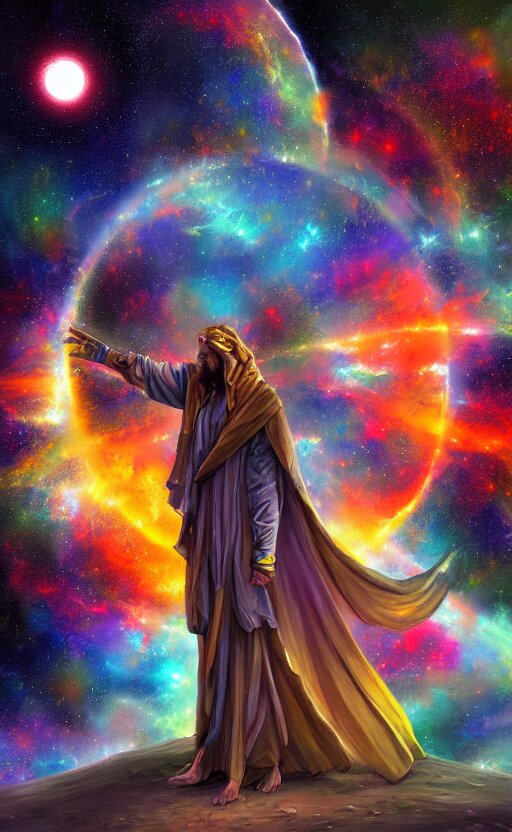 hooded bearded man holding a planet in his hand, cosmic star dust, galactic, uhd, hdr,