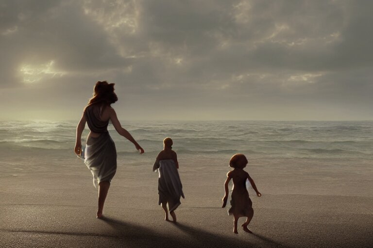 woman with child walking on beach, by Greg Rutkowski, William-Adolphe Bouguereau, jason chan, Maxim Verehin, Peter Konig, photorealistic 8k, cinematic lighting, HD, high detail, atmospheric, trending on artstation