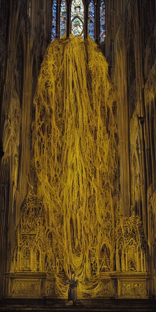 a tall towering huge pale human wearing a yellow garment sitting upon an ornate stone throne, 4K, digital art, lovecraftian, artstation, horror, dramatic, wearing a long yellow rotting garment, dark, hyperrealistic, perspective, complex (((dark))) cathedral background with volumetric lights coming in through cathedral windows, dark background, highlights,