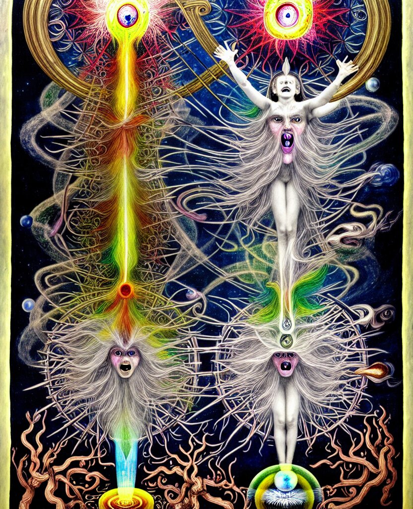 at bifrost, a whimsical wild child creature radiates a unique canto'as above so below'while being ignited by the spirit of haeckel and robert fludd, breakthrough is iminent, glory be to the magic within, in honor of jupiter's day, painted by ronny khalil 