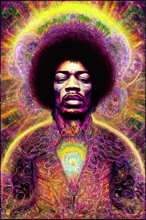 Jimi hendrix centered, uncut, unzoom, symmetry. charachter illustration. dmt entity manifestation. surreal render, ultra realistic, zenith view. made by hakan hisim feat cameron gray and alex grey. polished. inspired by patricio clarey, heidi taillefer scifi painter glenn brown. slightly decorated with sacred geometry and fractals. extremely ornated. artstation, cgsociety, unreal engine, ray tracing, detailed illustration, hd, 4k, digital art, overdetailed art. intricate omnious visionary concept art, shamanic arts ayahuasca trip illustration. extremely psychedelic. dslr, tiltshift, dof. 64megapixel. complementing colors. remixed by lyzergium.art feat binx.ly and machine.delusions. zerg aesthetics. trending on artstation, deviantart