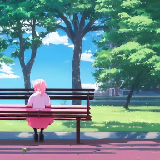 A Cat Girl Sits On A Bench In A Park, Beautiful, Perfect Art, Makoto Shinkai. Replace the girl with a cat