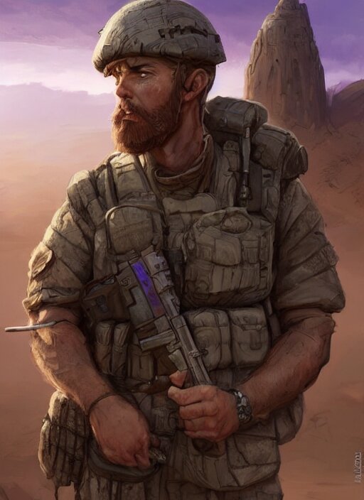 purple scene lighting, detailed character portrait concept art, white male, strong muscular mature, soldier with beard, short hair, in a soldier uniform, desert with city in the background, sharp focus, illustration, highly detailed, digital painting, concept art, matte, art by wlop and artgerm and greg rutkowski, masterpiece 