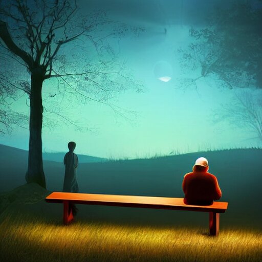 a man sitting on a bench at nigh, stunning digital art 