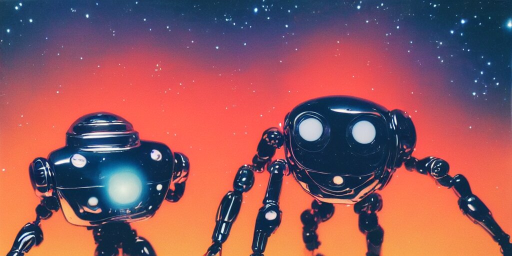 analog polaroid portrait of a chrome robot spider, Hajime Sorayama, sheen, red reflections, unreal engine, azure sky, big clouds visible, sunlight, reflection, sparkles, space, stars, nebula, lensflare, film grain, depth of field, color bleed