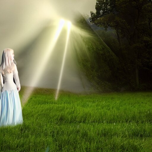 a beautiful young girl with long light blue hair, pale skin, wearing formal attire, standing heroically against the wind beneath swirling storm clouds, highly detailed, 8 k, professional photography, award winning photography, poster style, low - angle shot, shot from behind blades of grass, rain droplets frozen in time, volumetric god rays, sun beams, dark theme, style of junji ito 