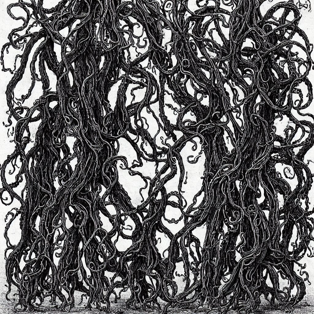 The Dark Young of Shub-Niggurath are horrifying, pitch-black monstrosities, seemingly made of ropy tentacles. They stand as tall as a tree (perhaps between twelve and twenty feet tall) on a pair of stumpy, hoofed legs. A mass of tentacles protrudes from their trunks where a head would normally be, and puckered maws, dripping green goo, cover their flanks. The monsters roughly resemble trees in silhouette the trunks being the short legs and the tops of the trees represented by the ropy, branching bodies. rendered in unreal engine 5, hyperrealistic, forest background, haunting, 3DCG, 8K, realistic photo