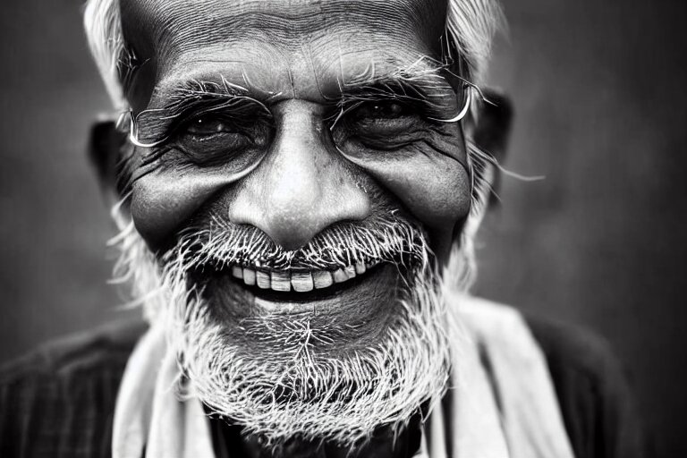 still photo of an indian old man smiling at the camera on the street, black and white color aesthetic, highly detailed, photorealistic portrait, bright studio setting, studio lighting, crisp quality and light reflections, unreal engine 5 quality render 