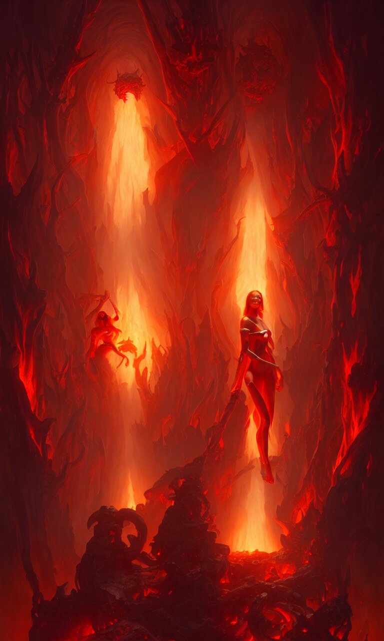 Purgatory, fire вevil woman in hell. The gateway to the infernal underworld. Devils demons, highly detailed, digital painting, artstation, concept art, smooth, sharp focus, illustration, art by artgerm and greg rutkowski and alphonse mucha