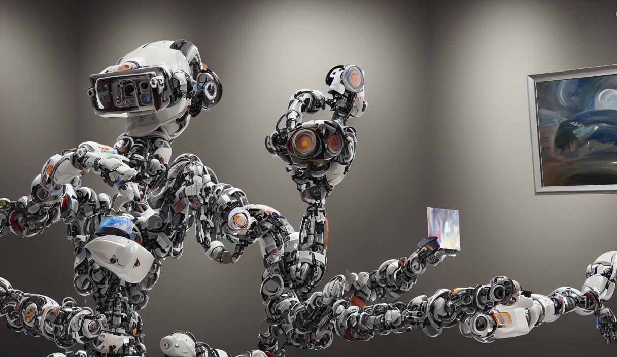 an high resolution photo of a robot paiting a picture, hyper detailed, photography, realistic, art, 8 k, unreal engine, cinematic, shallow focus, f 2. 8 3 5 mm, kodak film, 3 5 mm film 