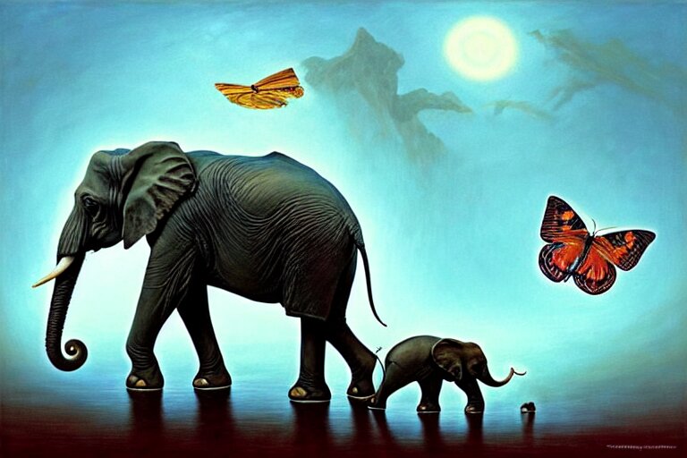 painting of hybrid between elephant & butterfly!!, intercrossed animal, mixture animal, by tiffany bozic, by zdzislaw beksinski, by vladimir kush, surrealism, cold hue's, warm tone gradient background, concept art, beautiful composition, digital painting, 