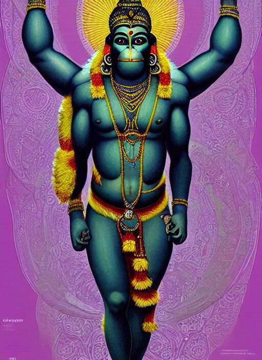 A full body portrait of angry ornate hanuman!!!! god with flowing medium hair, soft facial features, kind appearence, digital art by krishen khanne and madhvi parekh, symmetrical body, artgerm, portrait, muted color scheme, highly detailed, outrun art style. make the god's face look angry