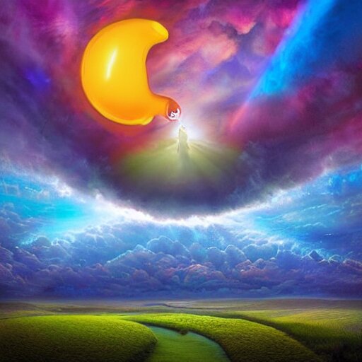 fantastical vibrant bulbous!!!!!!!!! smiley face emoji shaped cloud with holes for eyes and mouth, in a nature scene by marc adamus, high definition, rays of light breaking behind the emoji, cheerful, rave art 