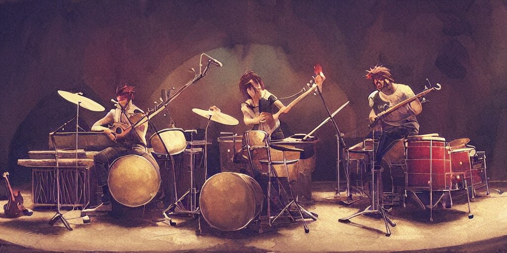 Fishes band play on drums and guitar, piano, rock concert, greg rutkowski