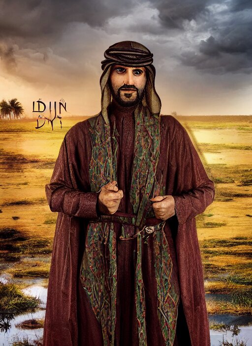 portrait of sheikh ruler of dubai, djinn, landscape, swamp, marsh lands, surreal, demented, art style avant - garde, cinematic lighting, studio quality, godly, comic book, 4 k, active, scenic, fury, fiery, dramatic entry portrait of sheikh ruler of dubai, djinn, landscape, swamp, marsh lands, surreal, demented, art style avant - garde, cinematic lighting, studio quality, godly, comic book, 4 k, active, scenic, fury, fiery, dramatic entry