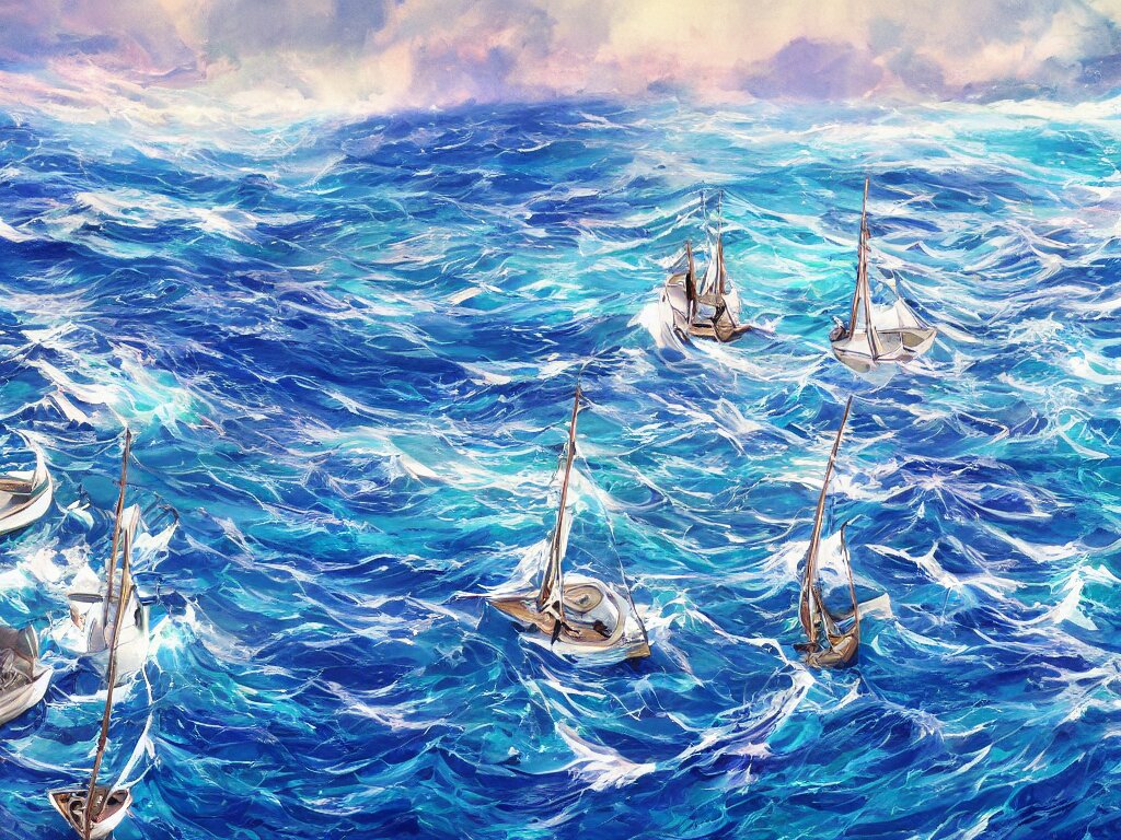 sharp focus, breath taking beautiful, aesthetically pleasing, gouache ocean and boats, digital concept art background by hayao miyazaki and studio ghibli, fine art, ambient lighting, hdr, 4 k, 8 k, cinematic, high quality art, award winning, dynamic, energetic, lively, elegant, intricate, highly detailed, richly textured, rich vivid color, masterpiece. 