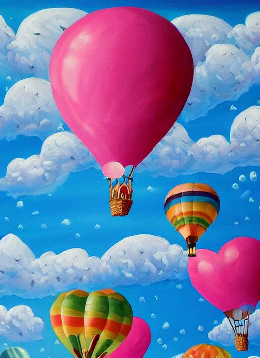 detailed painting that is beautiful and whimsical with cotton candy clouds and balloon hearts and flowers inside