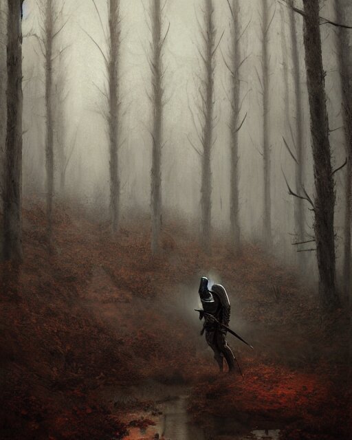 A knight was walking along a country road with a sword in his hand, a hat on his back and a bag on his back.