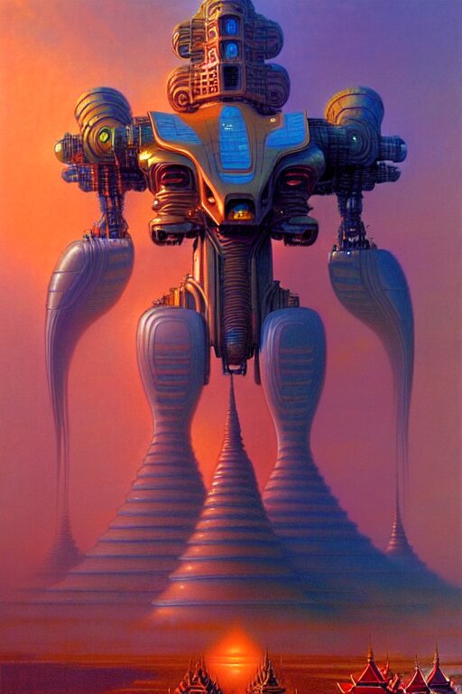 a giant thai architecture mecha, tim hildebrandt, wayne barlowe, bruce pennington, donato giancola, trending on artstation, cinematic composition, beautiful lighting, hyper detailed, 8 k, oil on canvas 