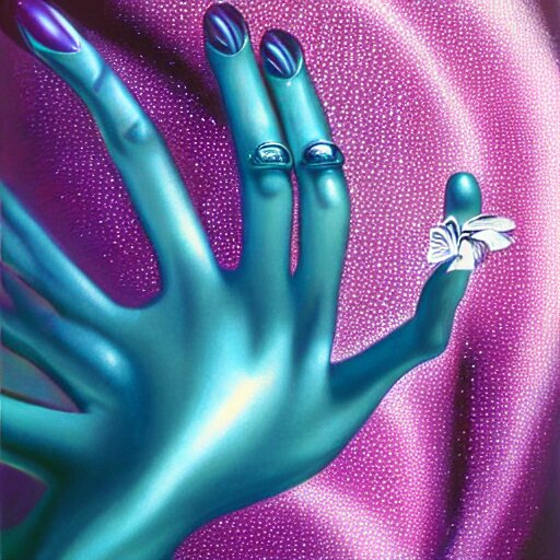 close - up of a woman's hand holding a metallic flower, futuristic space woman, blue sky art by peter lloyd, 1 9 8 0's art, airbrush style, art by hajime sorayama,, intricate, elegant, sharp focus, illustration, highly detailed, h 8 0 0 