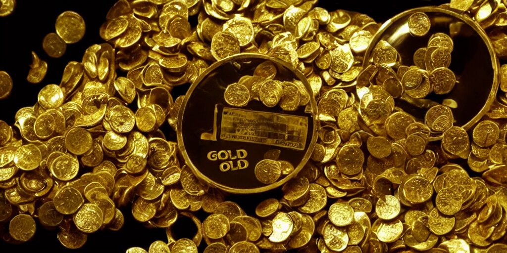 a film still of gold on top of cash money piling up in a vault, shallow depth of field, cinematic, award winning cgi, vfx, film still