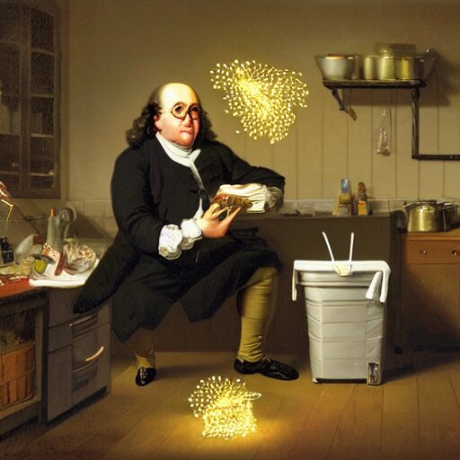 benjamin franklin angrily throwing a string of led lights in the trash in a modern kitchen by rockwell 