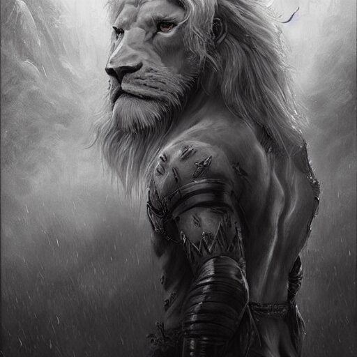 aesthetic portrait commission of a anthro cat as a character form game of thrones with long braided beard, gloomy/wet atmosphere, dim lighting, hyperdetailed. Character design by charlie bowater, ross tran, artgerm, and makoto shinkai, detailed, inked, western comic book movie poster concept art, award winning painting. Bleach out the lion