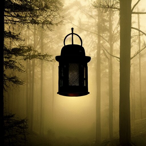 a bright lantern in the pitch black, woods, horror, cinematic, intricate, dark, eyes, fog, haunting, 4 k 