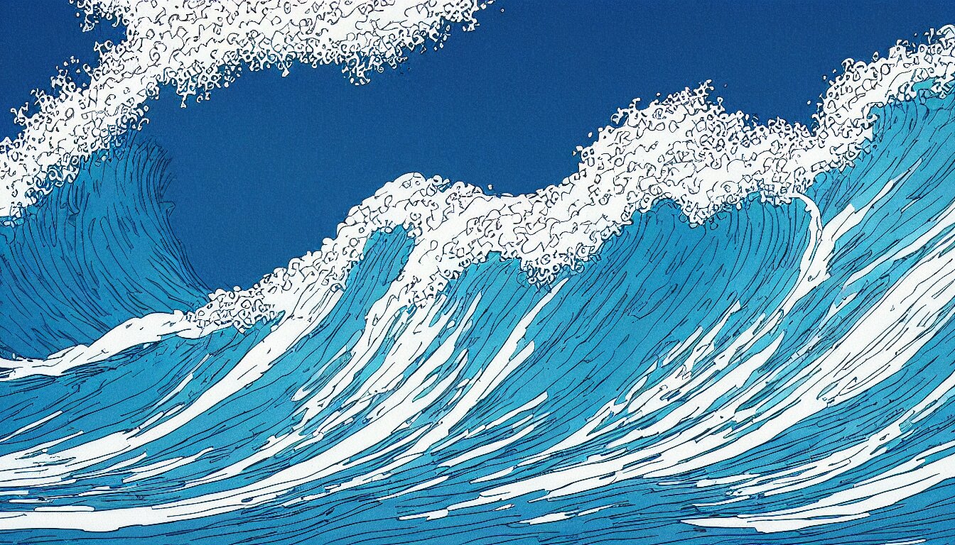 Crashing ocean wave by Moebius, minimalist, detailed