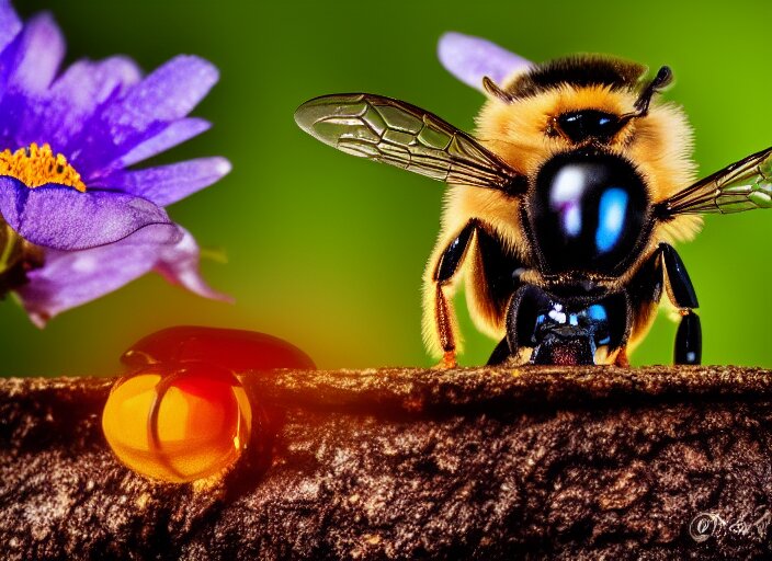 super macro of a terminator bee drinking from a flower in the forest. fantasy magic style. highly detailed 8 k. intricate. nikon d 8 5 0 3 0 0 mm. award winning photography. 