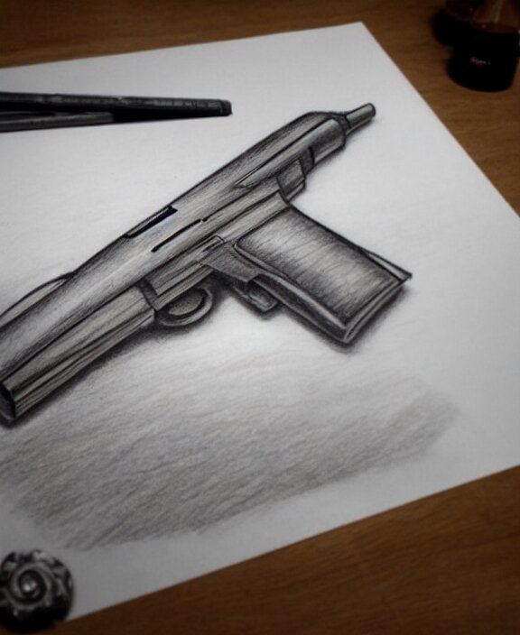 a pencil drawing of a gun on a table. by pen tacular 