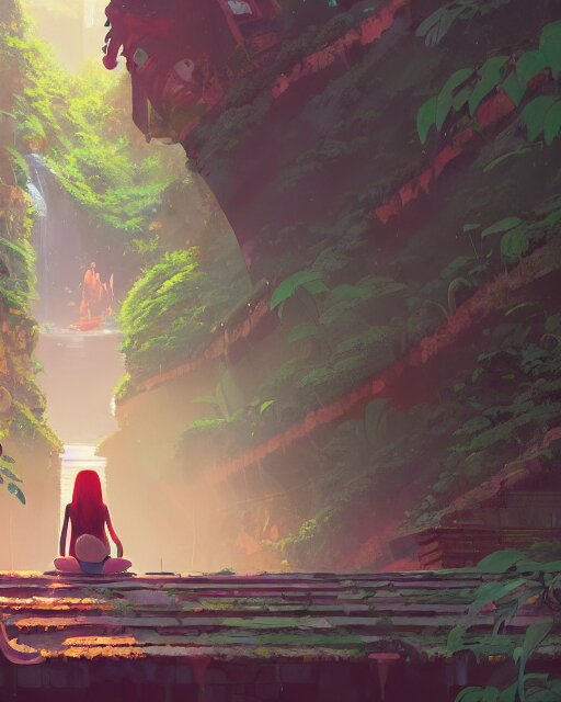 a gorgeous temple, lush vegetation, waterfalls, cory loftis, james gilleard, atey ghailan, makoto shinkai, goro fujita, character art, rim light, exquisite lighting, clear focus, very coherent, plain background, soft painting 
