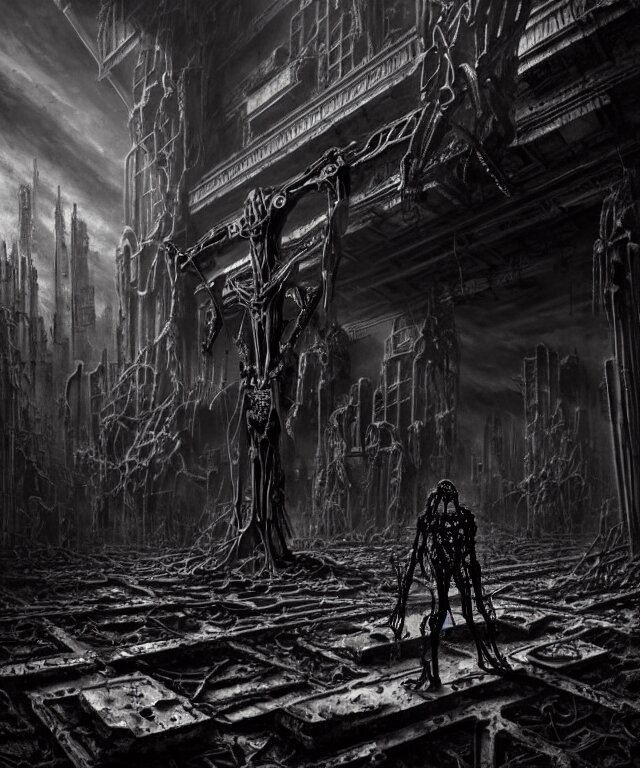 ribbed abandoned cyborg on a massive giant crucifix block, biomechanical cyberpunk technology crucifixion scene on exoplanet, dark black tint, washed colors, baroque painting, standing in a desolate empty wasteland, creepy, nightmare, dream - like heavy atmosphere, surreal abandoned buildings, beautiful detailed intricate insanely detailed octane render trending on artstation, oil painting, raytracing, 8 k artistic photography, photorealistic, chiaroscuro, raphael, caravaggio, beksinski, giger 