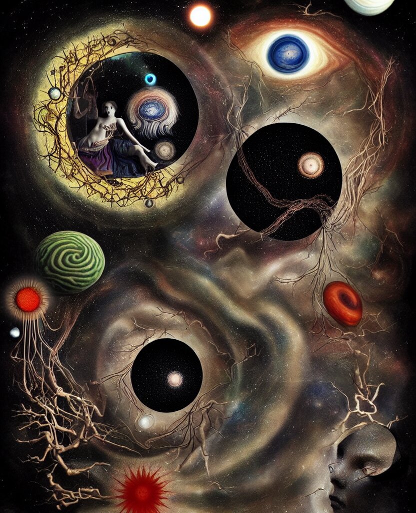 inside the universe of a human body soul, whimsical uncanny creature alchemizes unique canto about'as above so below'being ignited by the spirit of haeckel and robert fludd, breakthrough is iminent, glory be to the magic within, to honor jupiter, surreal collage by ronny khalil 