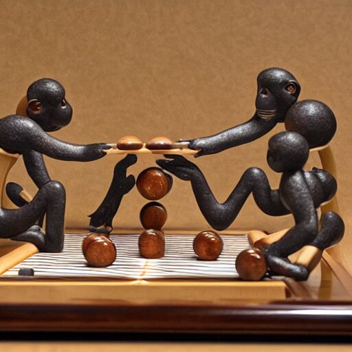 A beautiful kinetic sculpture of a group of monkeys playing backgammon. The monkeys are seated around a table, with some of them appearing to be deep in concentration while others appear to be playing more casually. by Ryan Stegman tumultuous, incredible