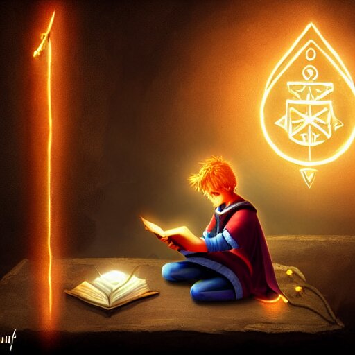 A young wizard reading a spell book at a desk, as he reads the words runes float in the air. Magic, orange lighting, flux. High fantasy, digital painting, HD, 4k, detailed.