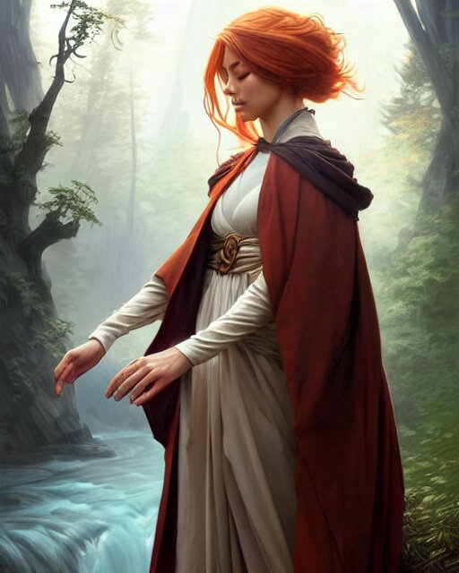 a robed apprentice air bender, woodland river scene, fantasy character portrait, ultra realistic, intricate, elegant, highly detailed, digital painting, artstaion, smooth, sharp, focus, illustration, art by artgerm and greg rutkowski and alphonse mucha 