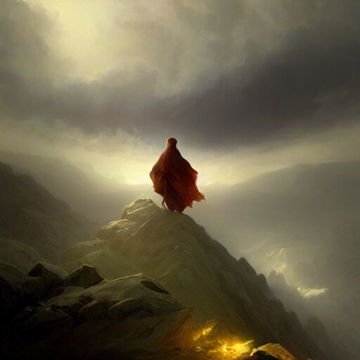 epic portrait an hooded mage walking on cloudy hills, ripped cape, blurred backround, broad light, ambient occlusion, volumetric light effect, made by ivan aivazovsky, peter mohrbacher, greg rutkowski, matte painting, trending on artstation, 4 k, perfectly defined features, digital painting, 