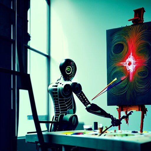 photo of futuristic holy futuristic cyborg - robot - painter - artist creating a painting with acrylic paint and brushes in a futuristic artist studio by h. r giger, by, rich deep colors. masterpiece, intricate artwork by tooth wu and wlop and beeple, gaspar noe, james cameron,