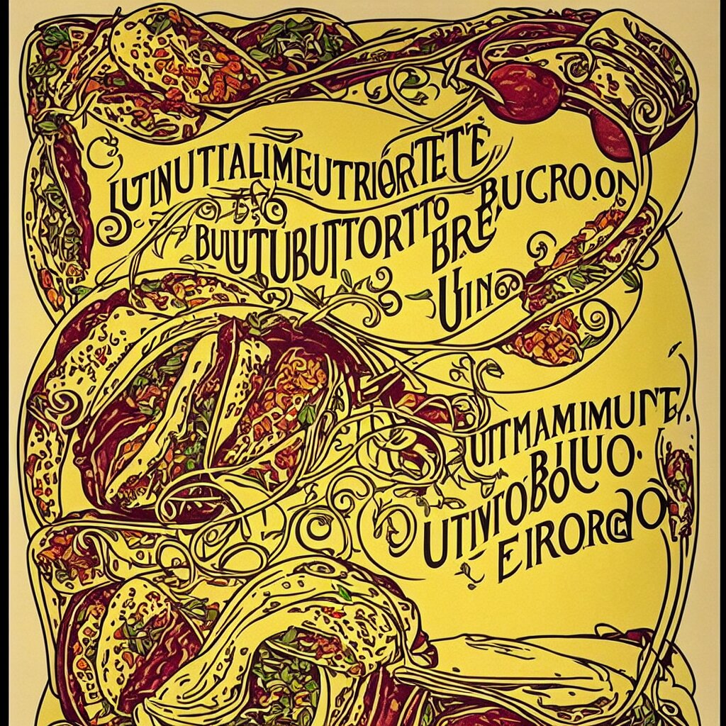 “Beautiful art nouveau advertisement for the ultimate everything burrito. Detailed advertisement for a delicious everything burrito by Victor Horta. This burrito will change your life”