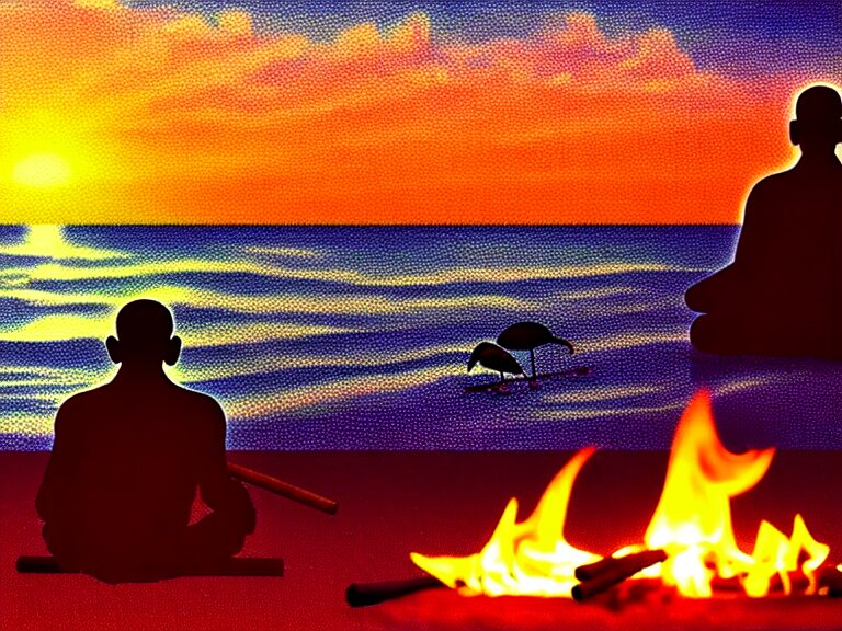 detailed photo of gandhi on a beach, smoking a cigar, sunset, sitting campfire, parrots, pelicans, flamingos, coconuts, palm trees, detailed skin, concept artwork, 3 d render official art, promotional art, beautifully backlit, vibrant colour lines, highly detailed, digital art, hyper realistic, beautiful, 8 k, trending on deviantart, hyper detailed, glorious lighting, epic environment, by artgerm, ilya kuvshinov katsuhiro villeneuve, jeremy lipkin and michael garmash and rob rey, disney pixar zootopia, by tristan eaton, stanley artgermm, tom bagshaw, greg rutkowski, carne griffiths 