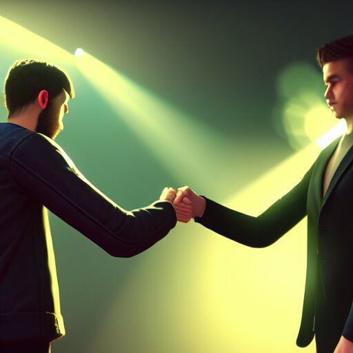 two man giving a handshake and petting each other on the shoulder ultra realistic, lens flare, atmosphere, glow, detailed, intricate, full of colour, cinematic lighting, trending on artstation, 4 k, hyperrealistic, focused, extreme details, unreal engine 5, cinematic, masterpiece, ultra realistic, hyper realistic, highly detailed, sharp focus, digital art 