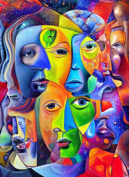 an extremely high quality hd detailed ultra-realistic photorealistic surrealism render of neon cast glass facial cubism figures melting into a warm picasso galaxy landscape by dali and zaha hadid, vivid colors, complimentary colors, melting sun, melting 4d cubes, hallway landscape, 8k, hd, high quality, high contrast