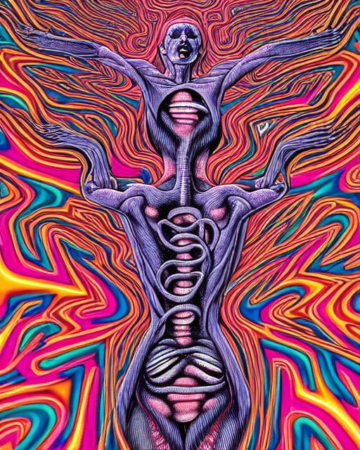 Human Body breaking away, Conjuring Psychedelic Illustration, part by Shintaro Kago, part by Alex Gray, ultra realistic, highly detailed, 8k, symmetry, fractals, grotesque, vibrant,