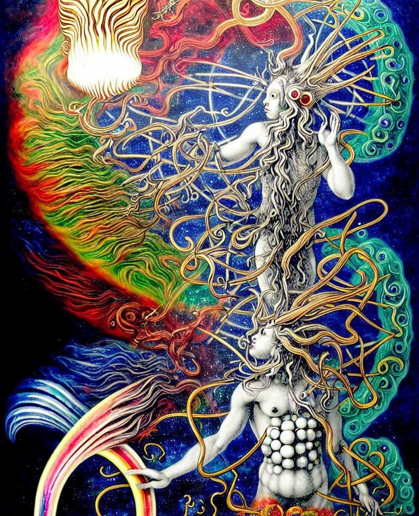 at bifrost, a whimsical wild child creature radiates a unique canto'as above so below'while being ignited by the spirit of haeckel and robert fludd, breakthrough is iminent, glory be to the magic within, in honor of jupiter's day, painted by ronny khalil 